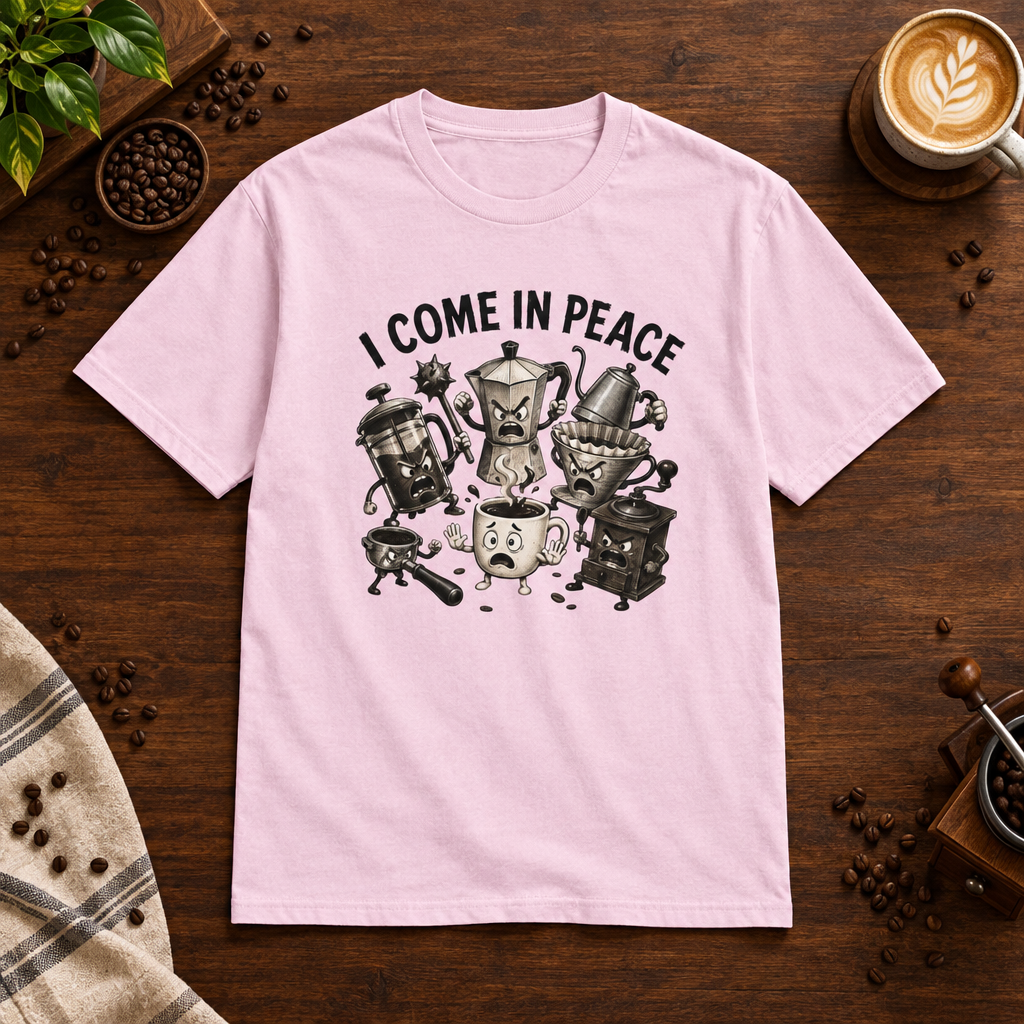 I Come in Peace T-Shirt Light Pink on warm coffee bar