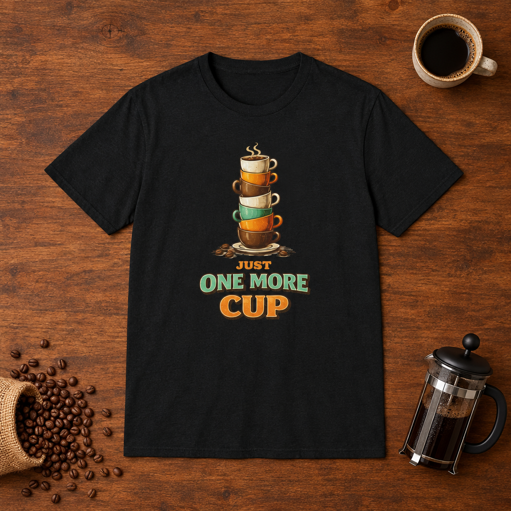 Just One More Cup T-Shirt Black coffee-bar flat lay