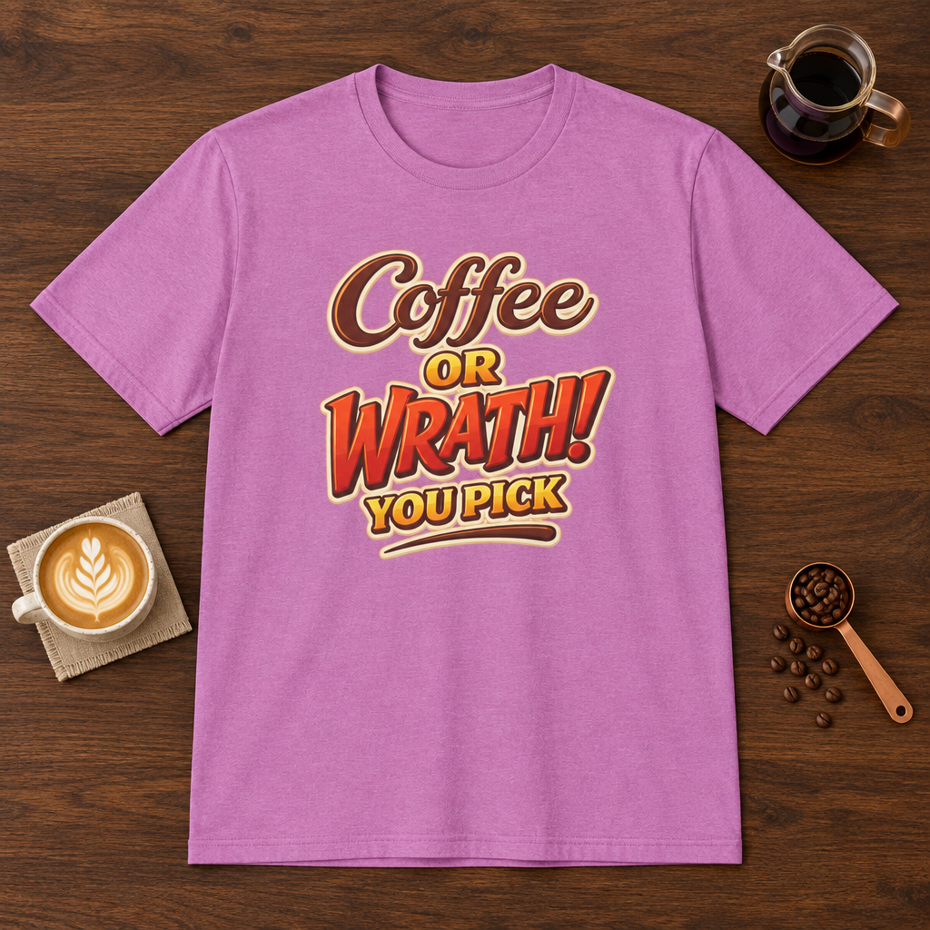 Coffee or Wrath T-Shirt Heather Radiant Orchid coffee bar mockup