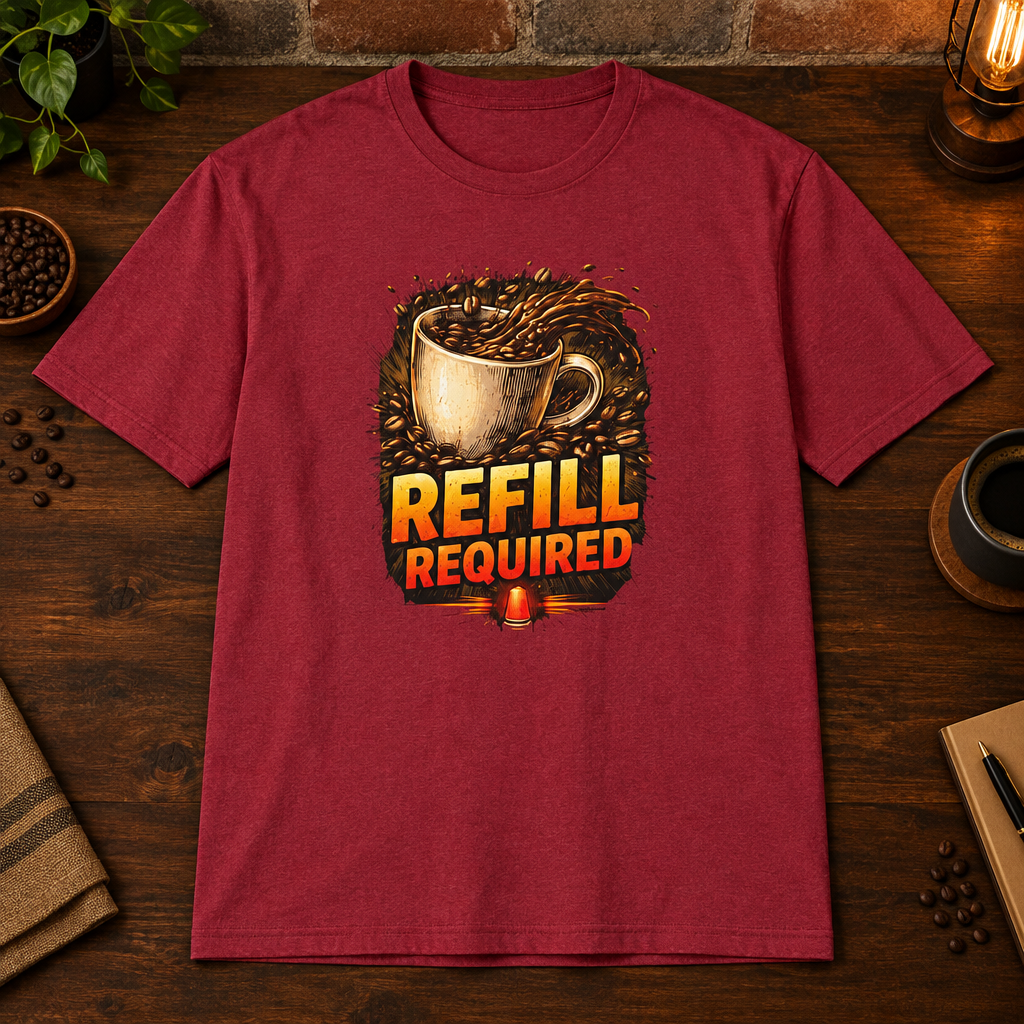 Refill Required T-Shirt Antique Cherry Red close-fill short-sleeve coffee-bar flat lay