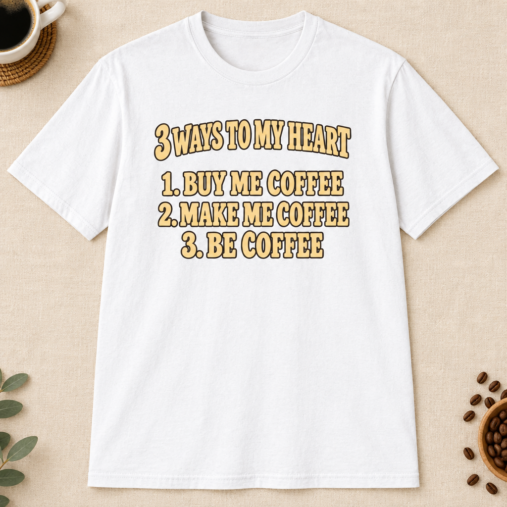 3 Ways to My Heart T-Shirt in White, warm cream studio mockup