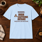 Caffeine Warning T-Shirt Light Blue short-sleeve coffee-bar flat lay