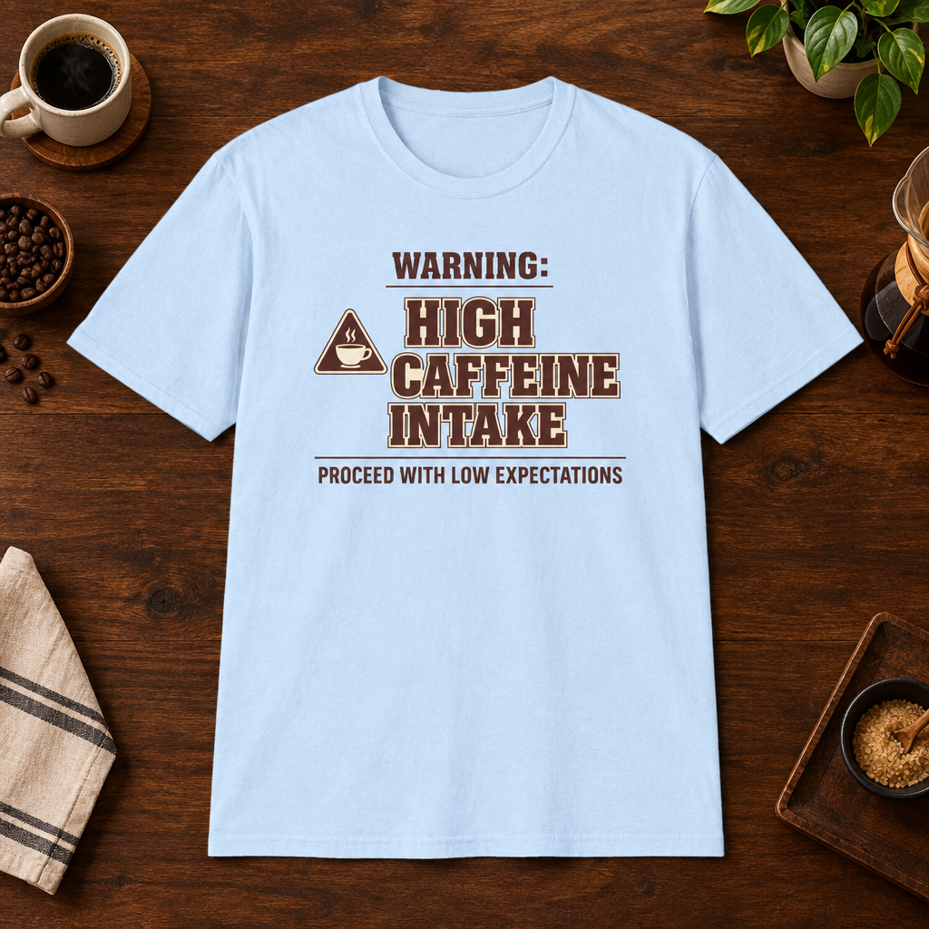 Caffeine Warning T-Shirt Light Blue short-sleeve coffee-bar flat lay