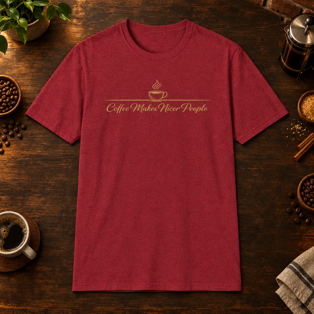 Nicer People T-Shirt in Antique Cherry Red, coffee bar flat lay mockup