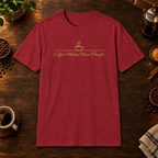 Nicer People T-Shirt in Antique Cherry Red, coffee bar flat lay mockup