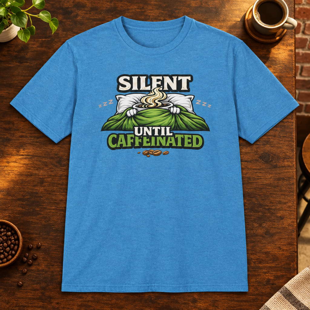 Silent Until Caffeinated T-Shirt Heather Sapphire close-fill short-sleeve coffee-bar flat lay