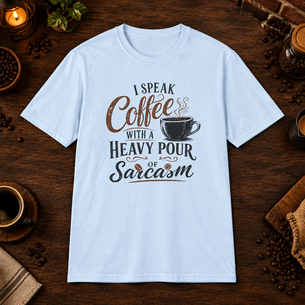 I Speak Coffee T-Shirt in Light Blue, coffee bar flat lay mockup