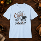 I Speak Coffee T-Shirt in Light Blue, coffee bar flat lay mockup