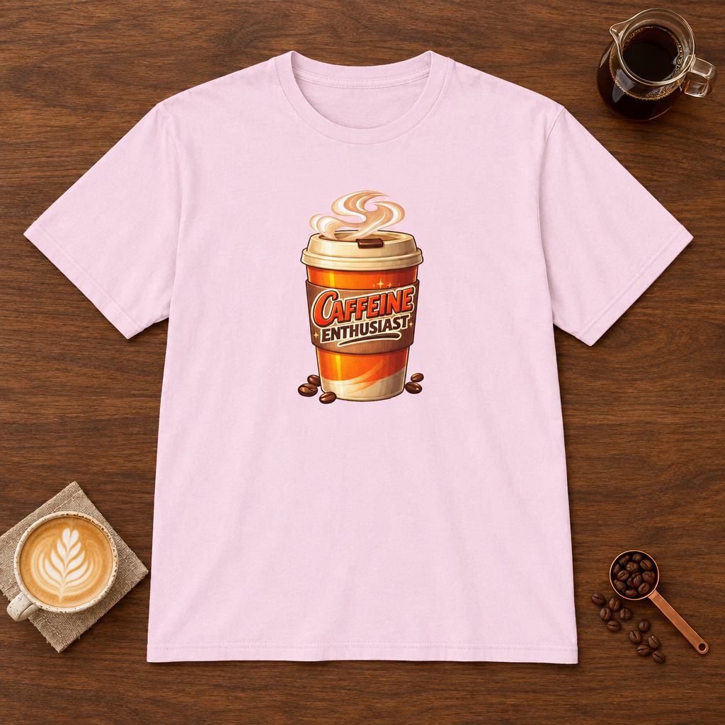 Caffeine Enthusiast - Take Away T-Shirt Light Pink coffee bar mockup