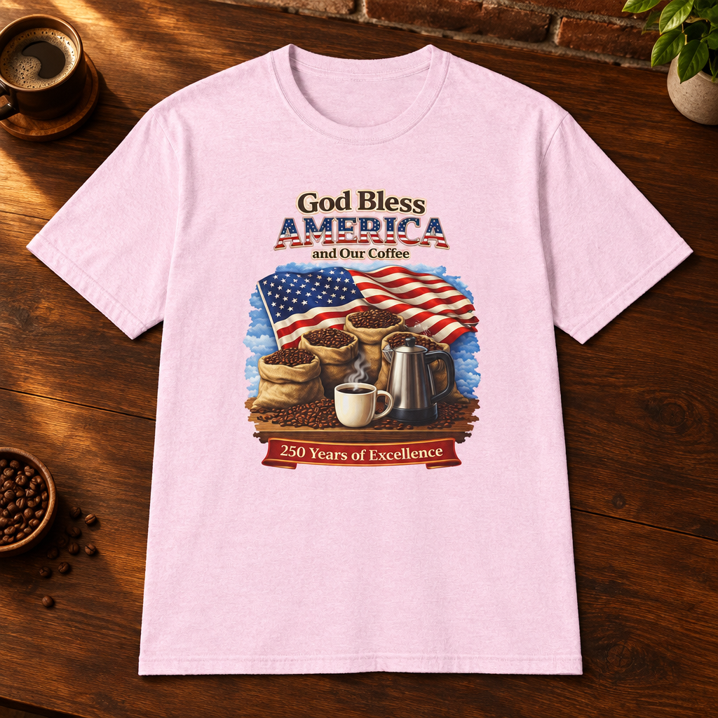 God Bless America T-Shirt Light Pink close-fill short-sleeve coffee-bar flat lay
