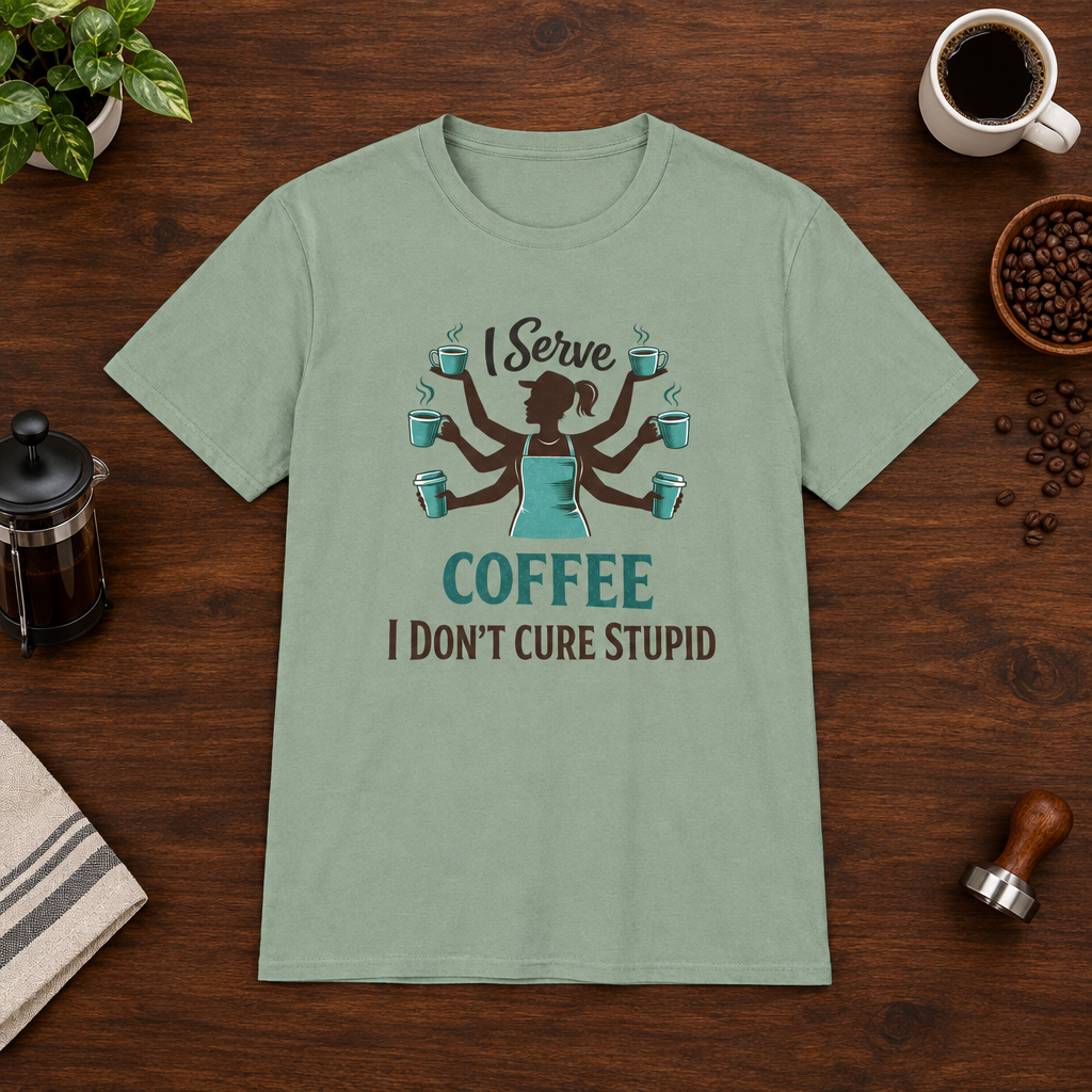 I Serve Coffee T-Shirt Sage short-sleeve coffee-bar flat lay