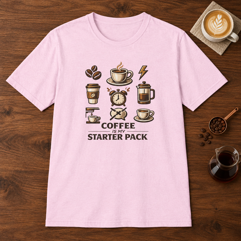 Coffee is My Starter Pack T-Shirt Light Pink coffee bar mockup