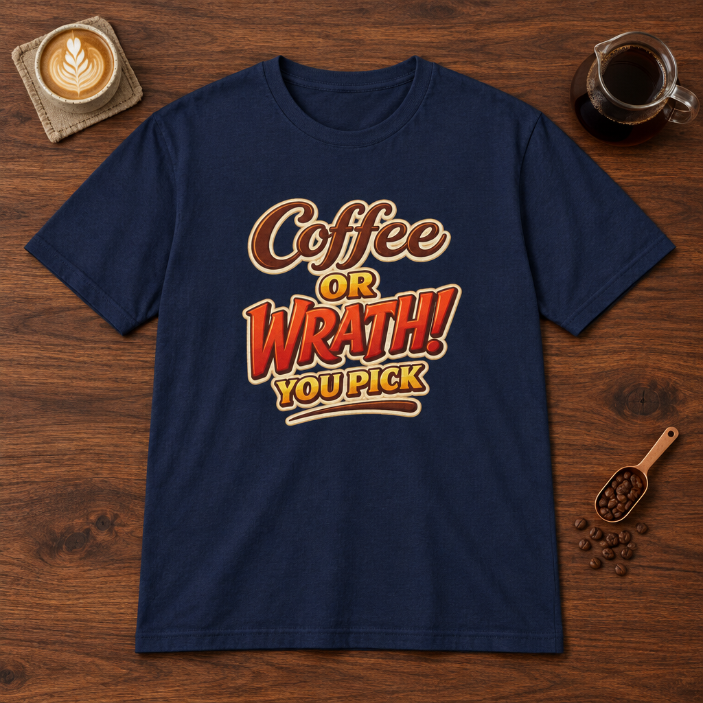 Coffee or Wrath T-Shirt Navy coffee bar mockup