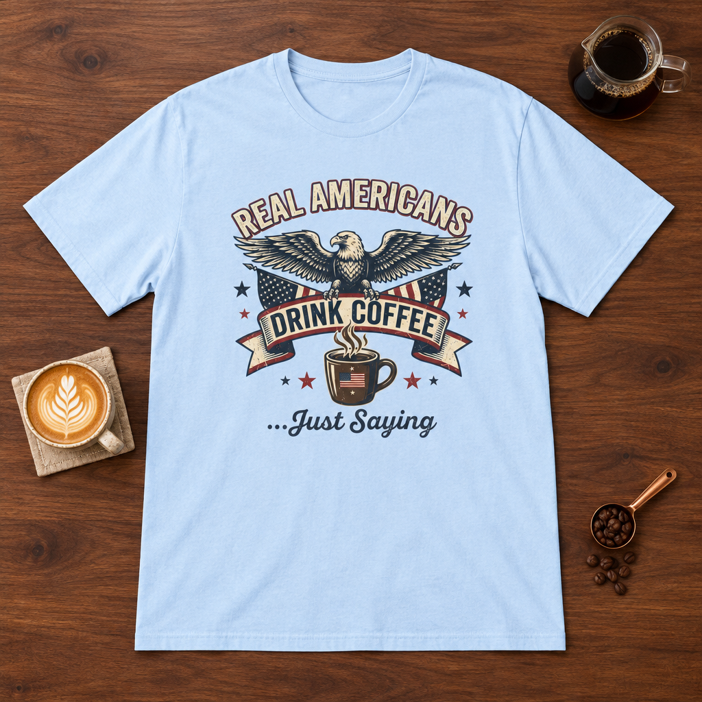 Real Americans T-Shirt Light Blue coffee bar mockup