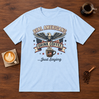 Real Americans T-Shirt Light Blue coffee bar mockup