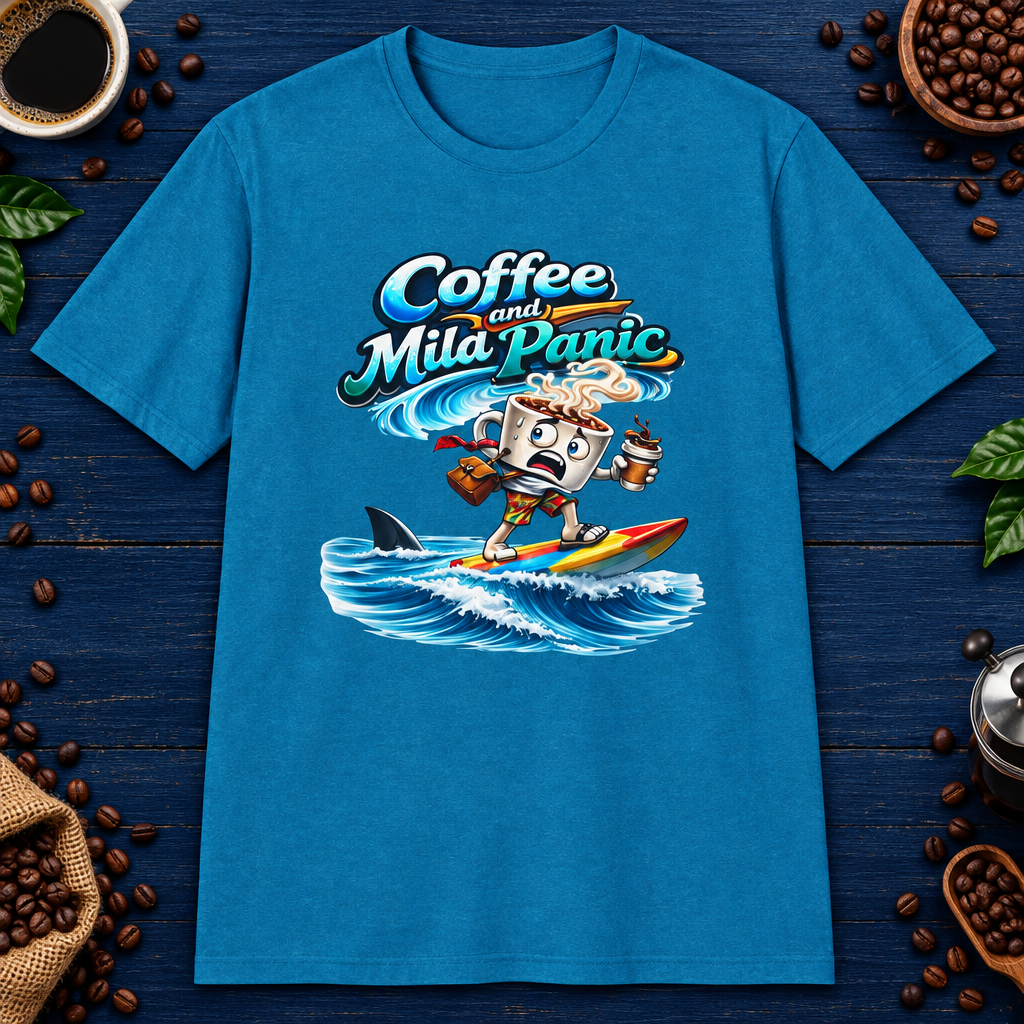 Coffee and Mild Panic T-Shirt in Heather Navy, zoomed lifestyle mockup