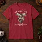My Espresso T-Shirt in Antique Cherry Red, overhead coffee-bar flat-lay mockup