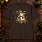 Deadline Defense System T-Shirt in Dark Chocolate, zoomed lifestyle mockup