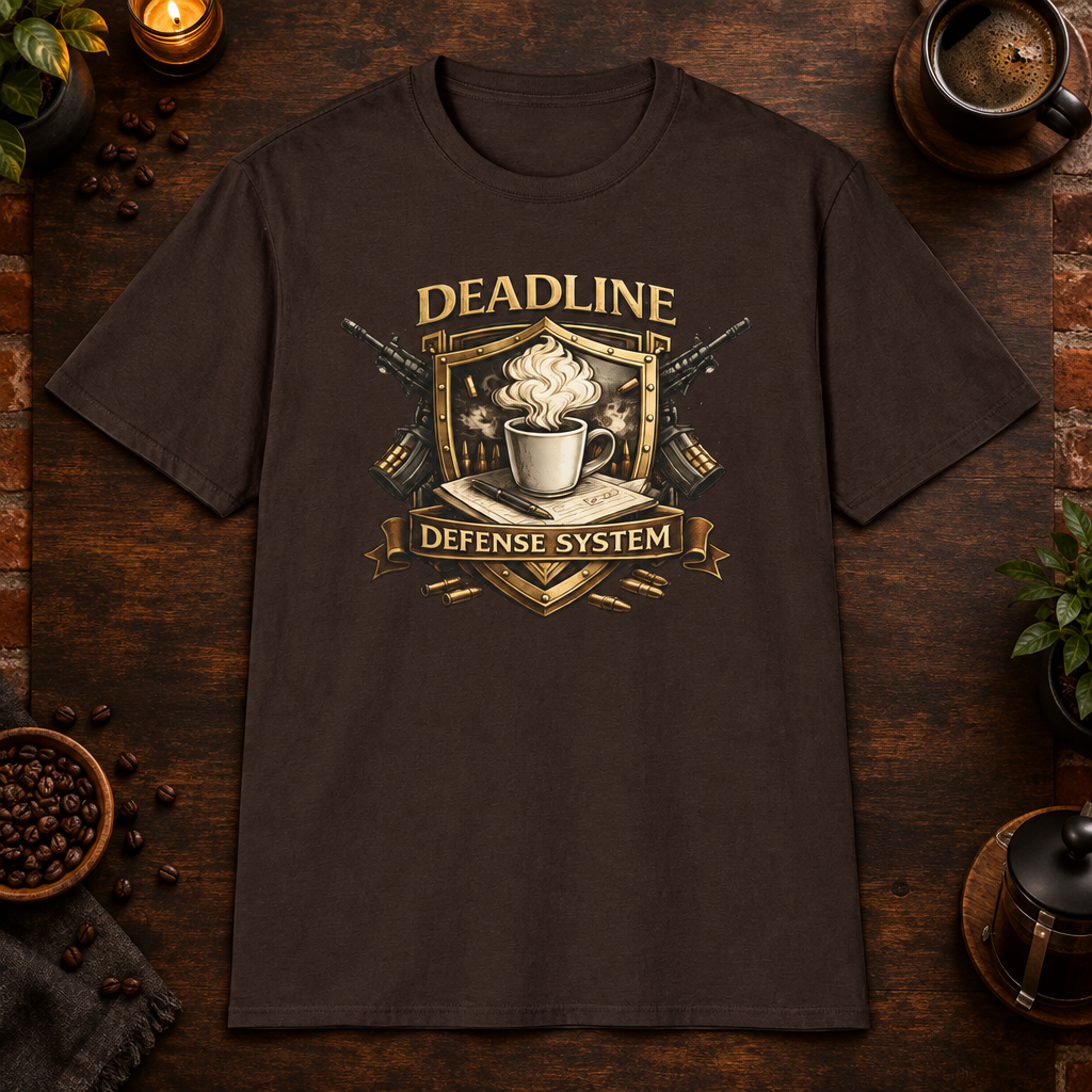 Deadline Defense System T-Shirt in Dark Chocolate, zoomed lifestyle mockup