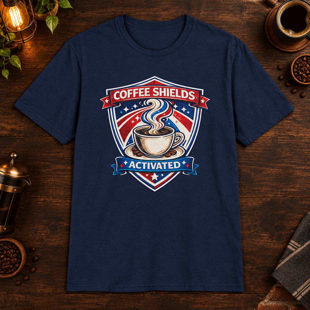 Coffee Shields Activated T-Shirt in Natural, zoomed lifestyle mockup