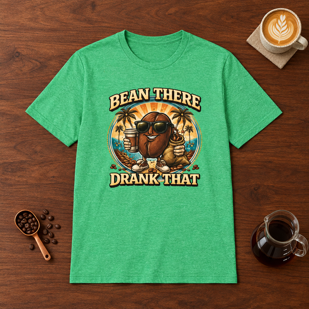 Bean There Drank That T-Shirt Heather Irish Green flat lay on walnut coffee bar