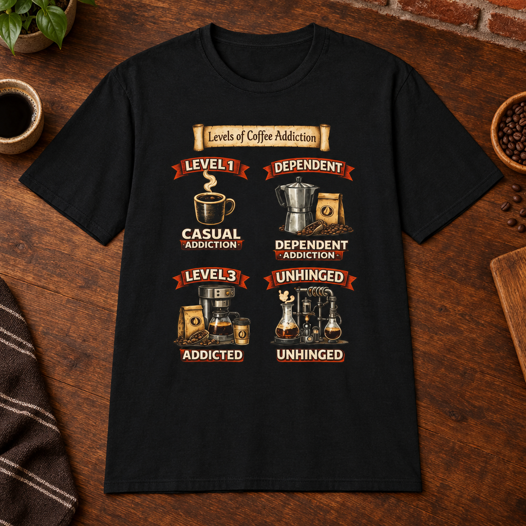Levels of Coffee Addiction T-Shirt Black close-fill short-sleeve coffee-bar flat lay
