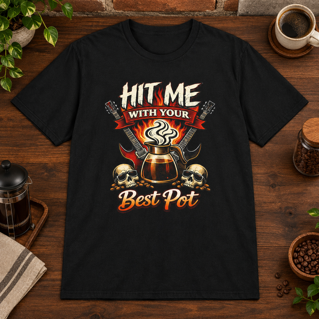 Hit Me with Your Best Pot T-Shirt Black close-fill short-sleeve coffee-bar flat lay