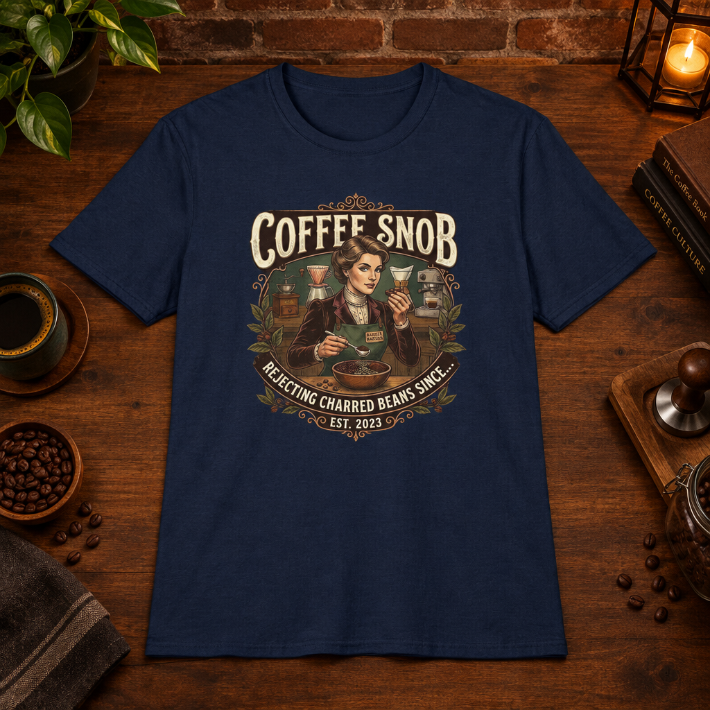 Coffee Snob Female T-Shirt Navy short-sleeve coffee-bar flat lay