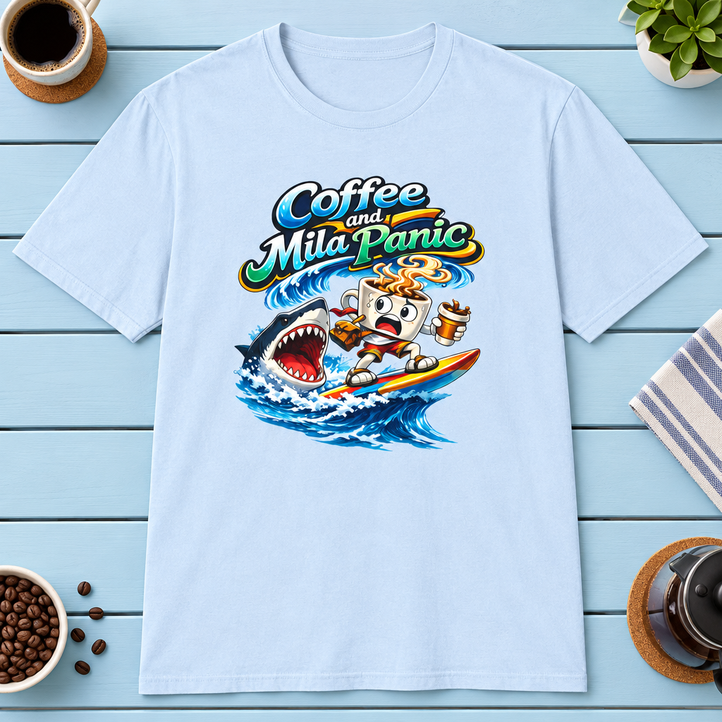 Coffee and Mild Panic 2 T-Shirt in Light Blue, zoomed lifestyle mockup