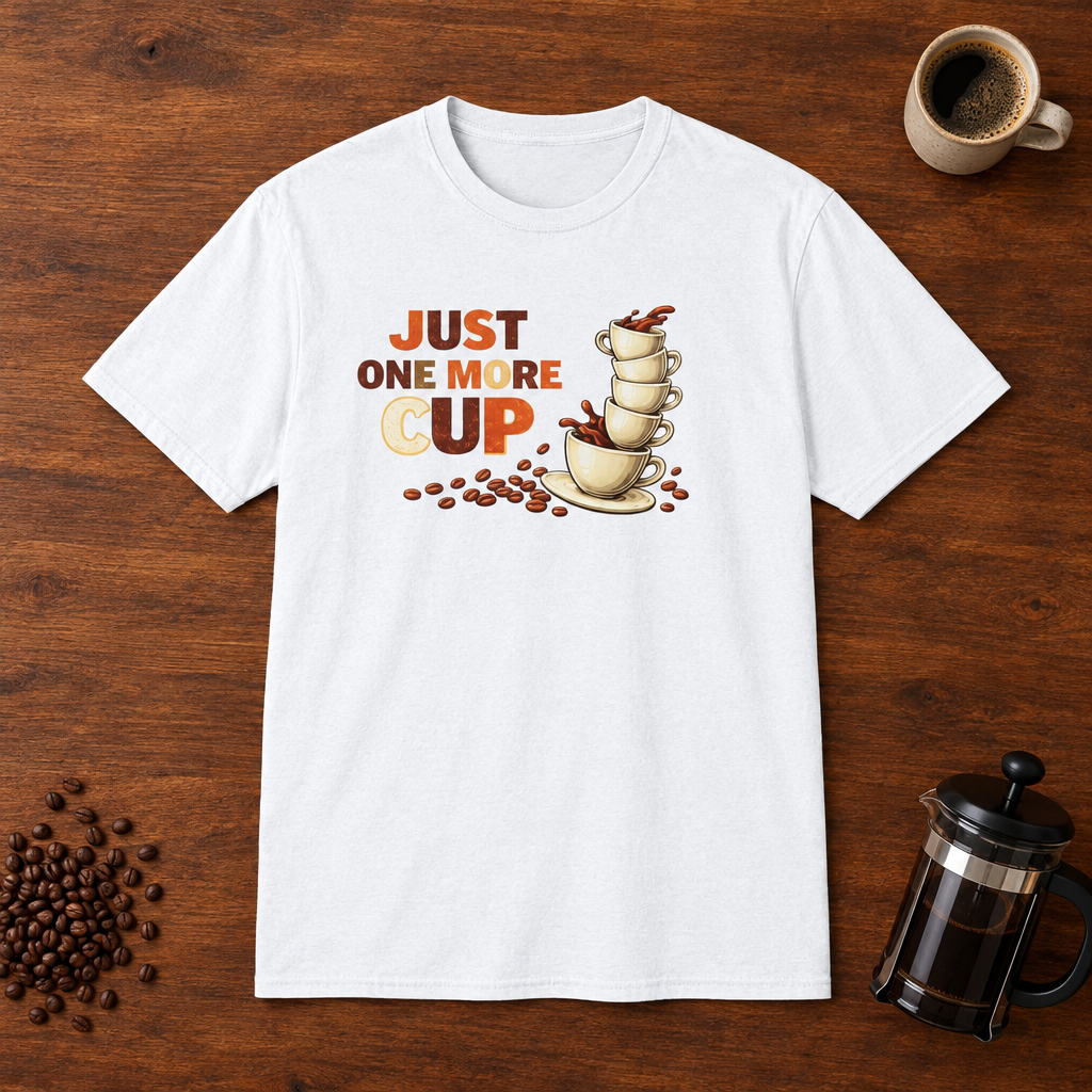 Just One More Cup T-Shirt White coffee-bar flat lay