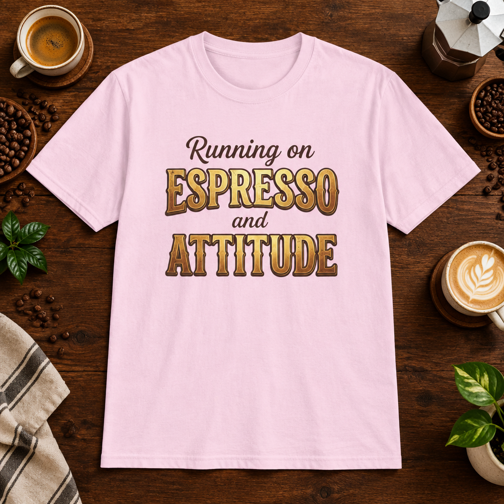 Running of Espresso and Attitude T-Shirt Light Pink coffee-bar flat lay