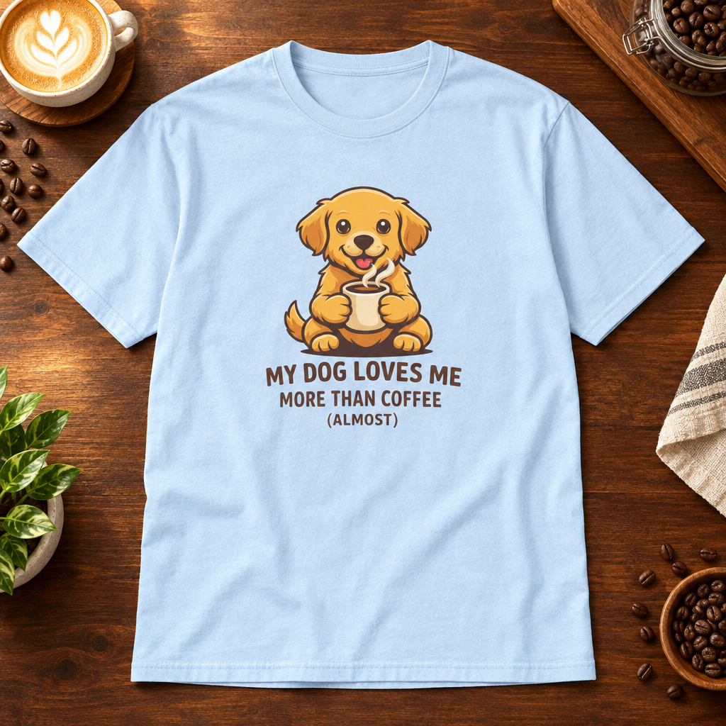 My Dog Loves Me T-Shirt Light Blue on coffee bar