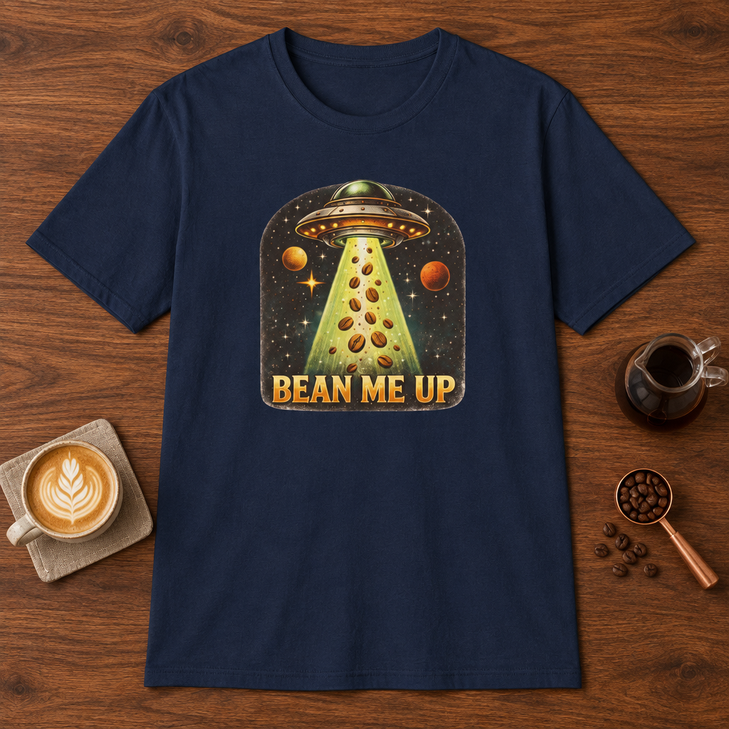 Bean Me Up T-Shirt Navy coffee bar mockup