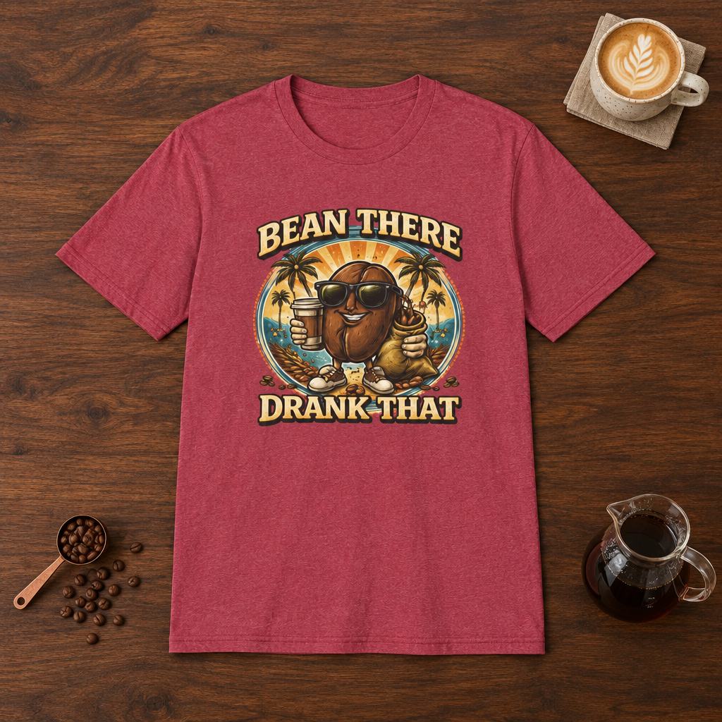 Bean There Drank That T-Shirt Heather Cardinal flat lay on walnut coffee bar