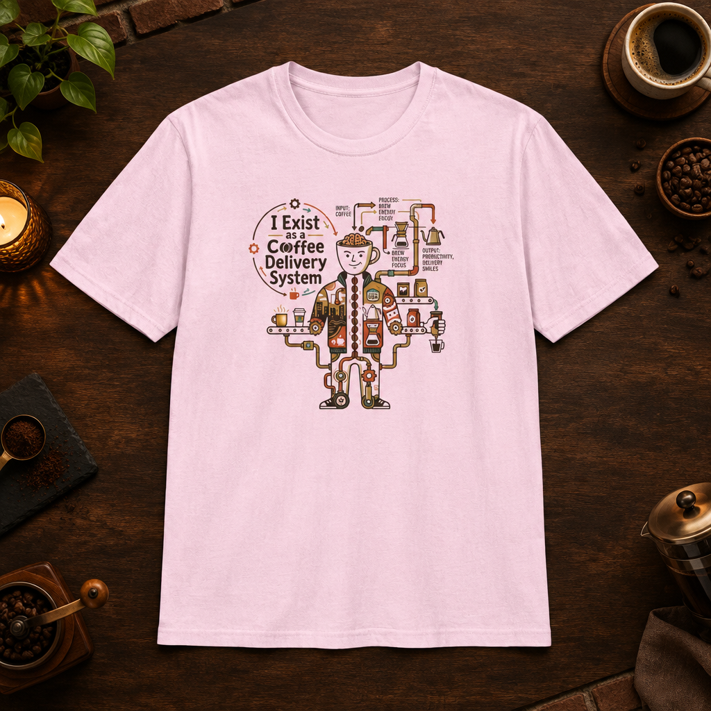 Coffee Delivery System T-Shirt in Light Pink, coffee bar flat lay mockup