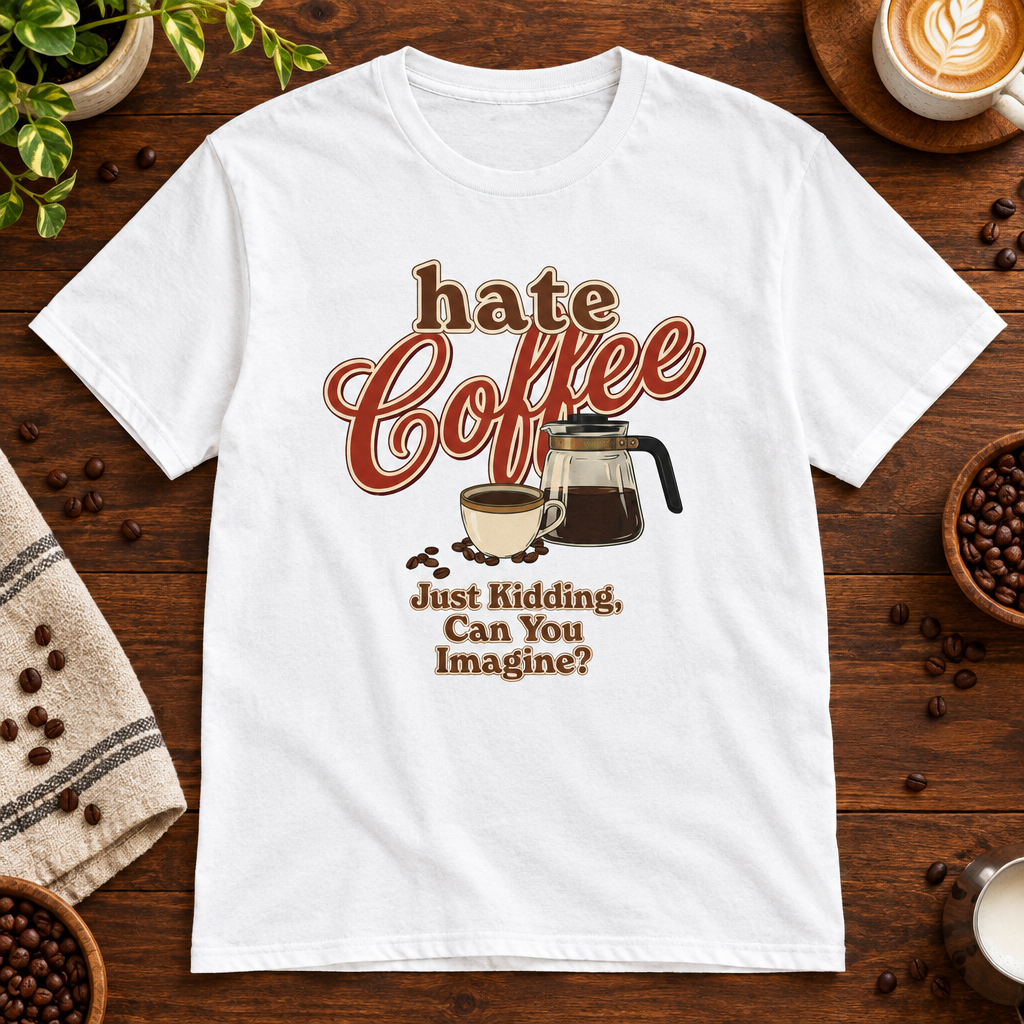 Hate Coffee T-Shirt White on warm coffee bar