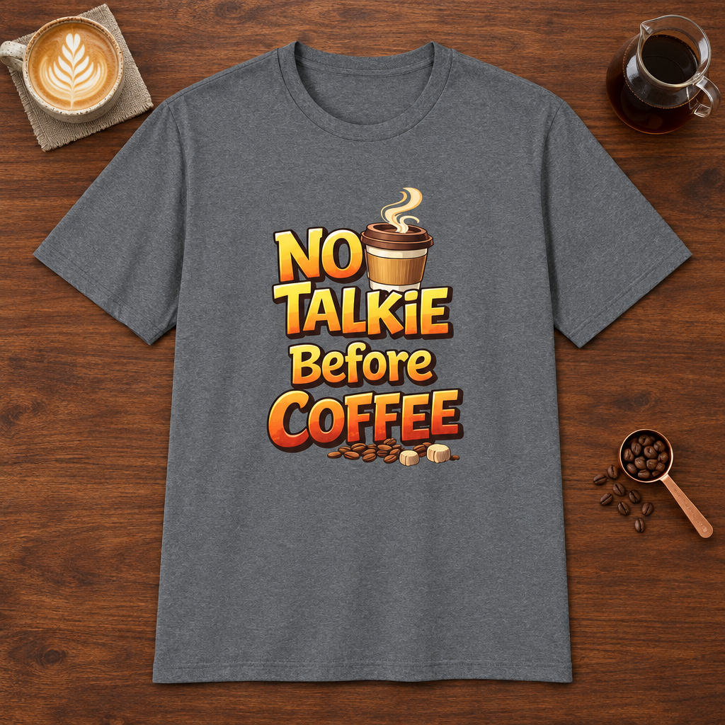 No Talkie Before Coffee 2 T-Shirt Graphite Heather coffee bar mockup