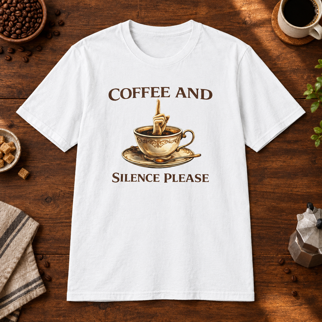 Coffee and Silence Please T-Shirt White coffee-bar flat lay