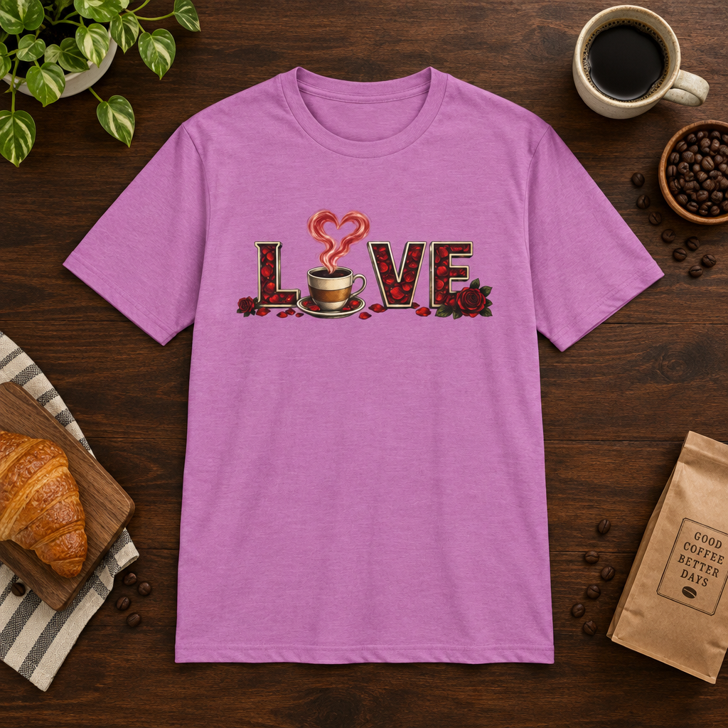 Love T-Shirt Heather Radiant Orchid coffee-bar flat lay