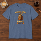 Grind Now Shine Later T-Shirt Heather Indigo coffee bar mockup