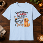 Espresso and a Puppy T-Shirt in Light Blue, overhead coffee-bar flat-lay mockup