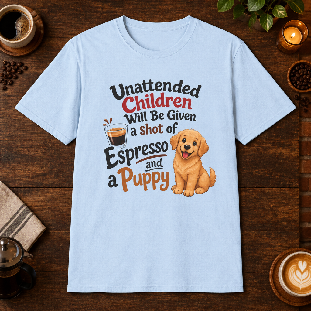 Espresso and a Puppy T-Shirt in Light Blue, overhead coffee-bar flat-lay mockup