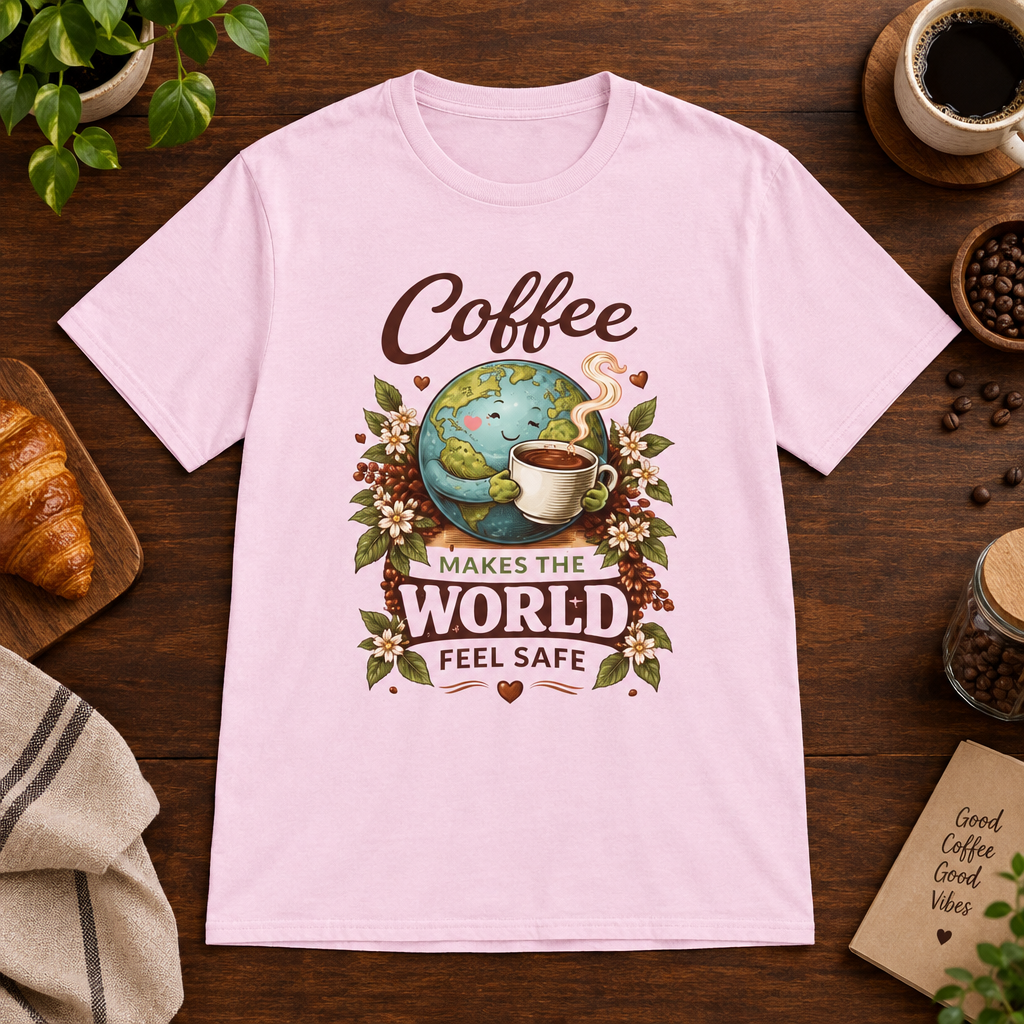 Coffee Safety T-Shirt Light Pink short-sleeve coffee-bar flat lay
