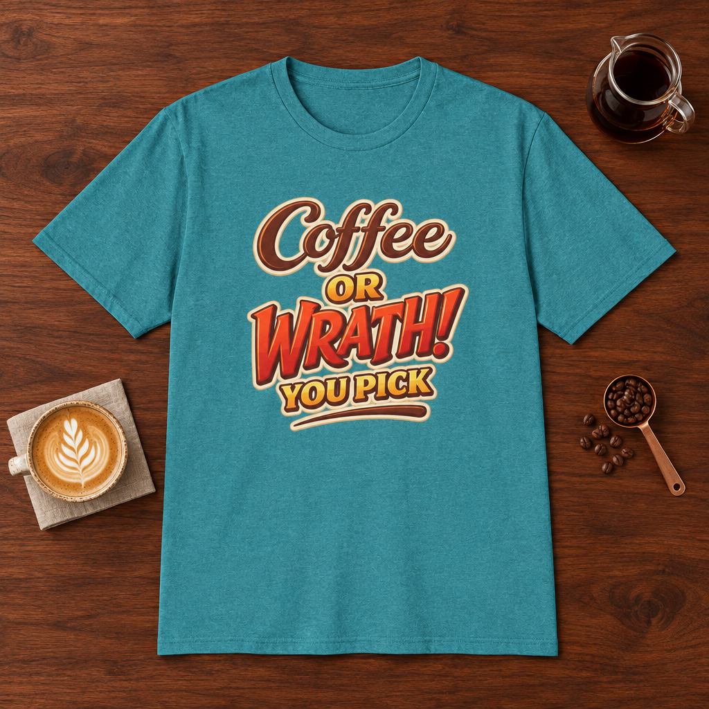 Coffee or Wrath T-Shirt Heather Galapagos Blue coffee bar mockup
