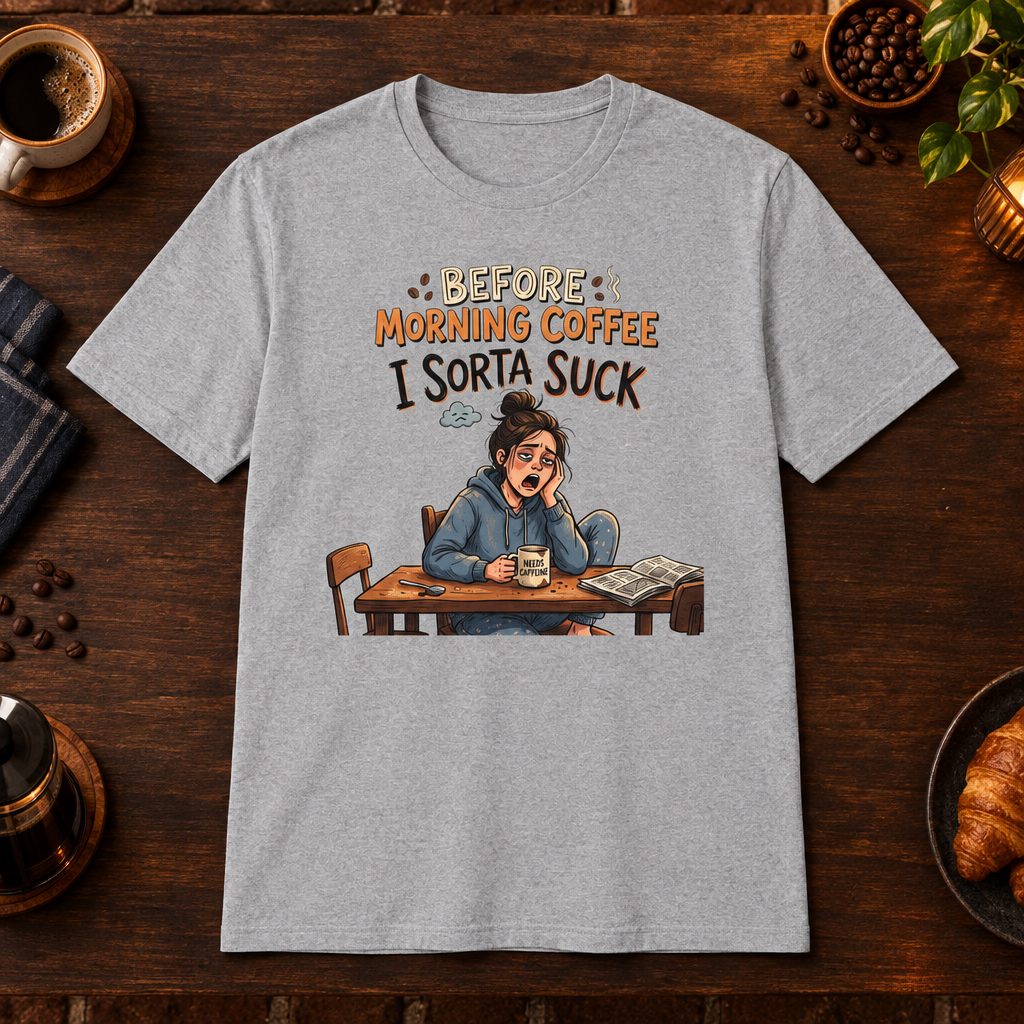 Before Morning Coffee T-Shirt in Sport Grey, coffee bar flat lay mockup