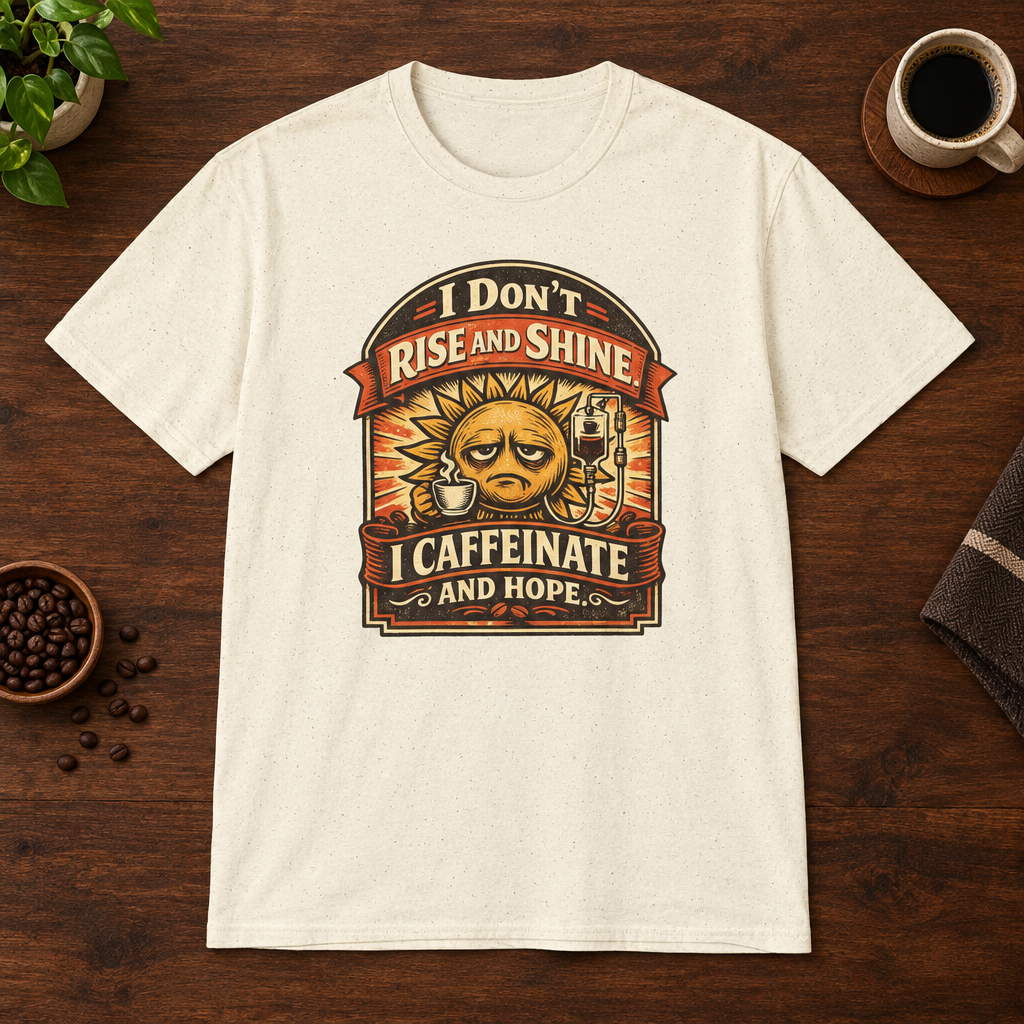 I Don't Rise and Shine T-Shirt Natural short-sleeve coffee-bar flat lay