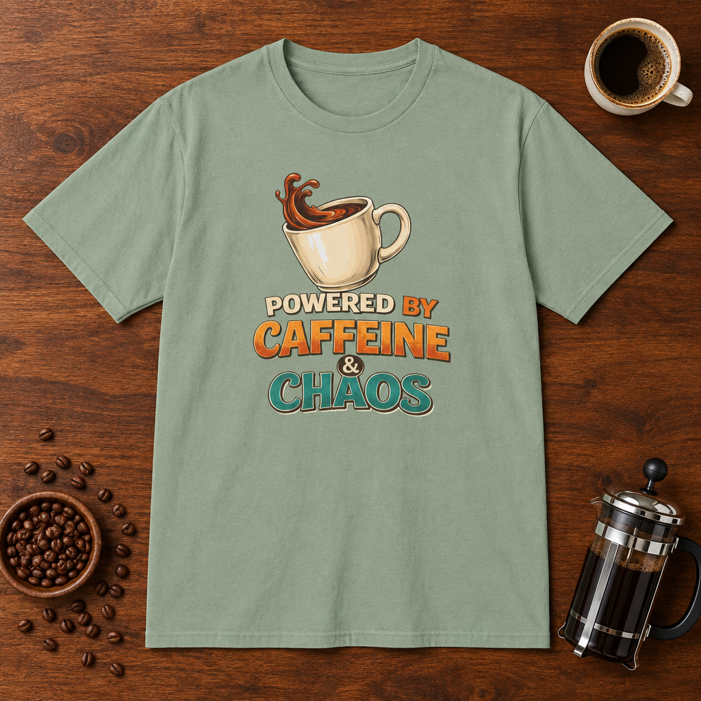 Powered by Caffeine and Chaos T-Shirt Sage coffee-bar flat lay