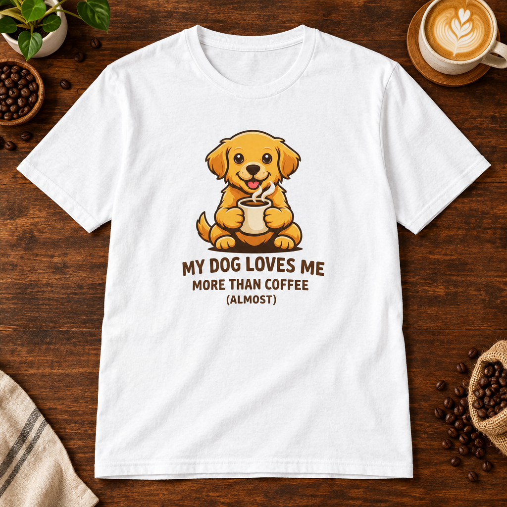 My Dog Loves Me T-Shirt White on coffee bar