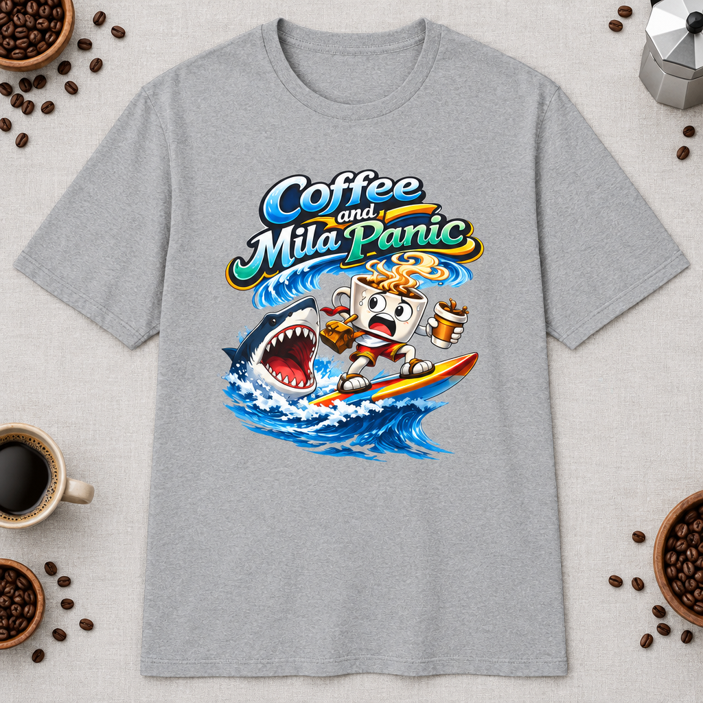 Coffee and Mild Panic 2 T-Shirt in Tropical Blue, zoomed lifestyle mockup