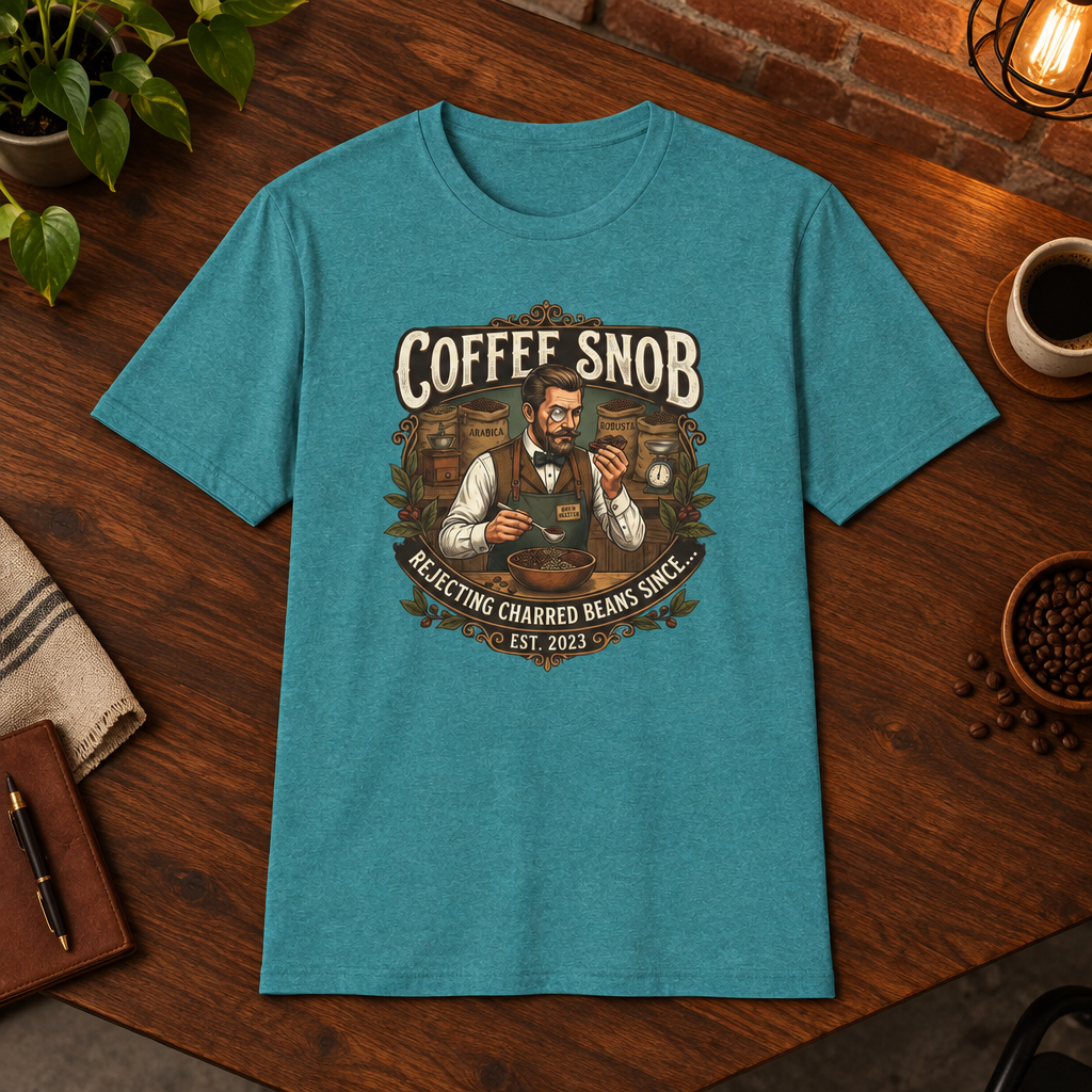 Coffee Snob Male T-Shirt Heather Galapagos Blue short-sleeve coffee-bar flat lay